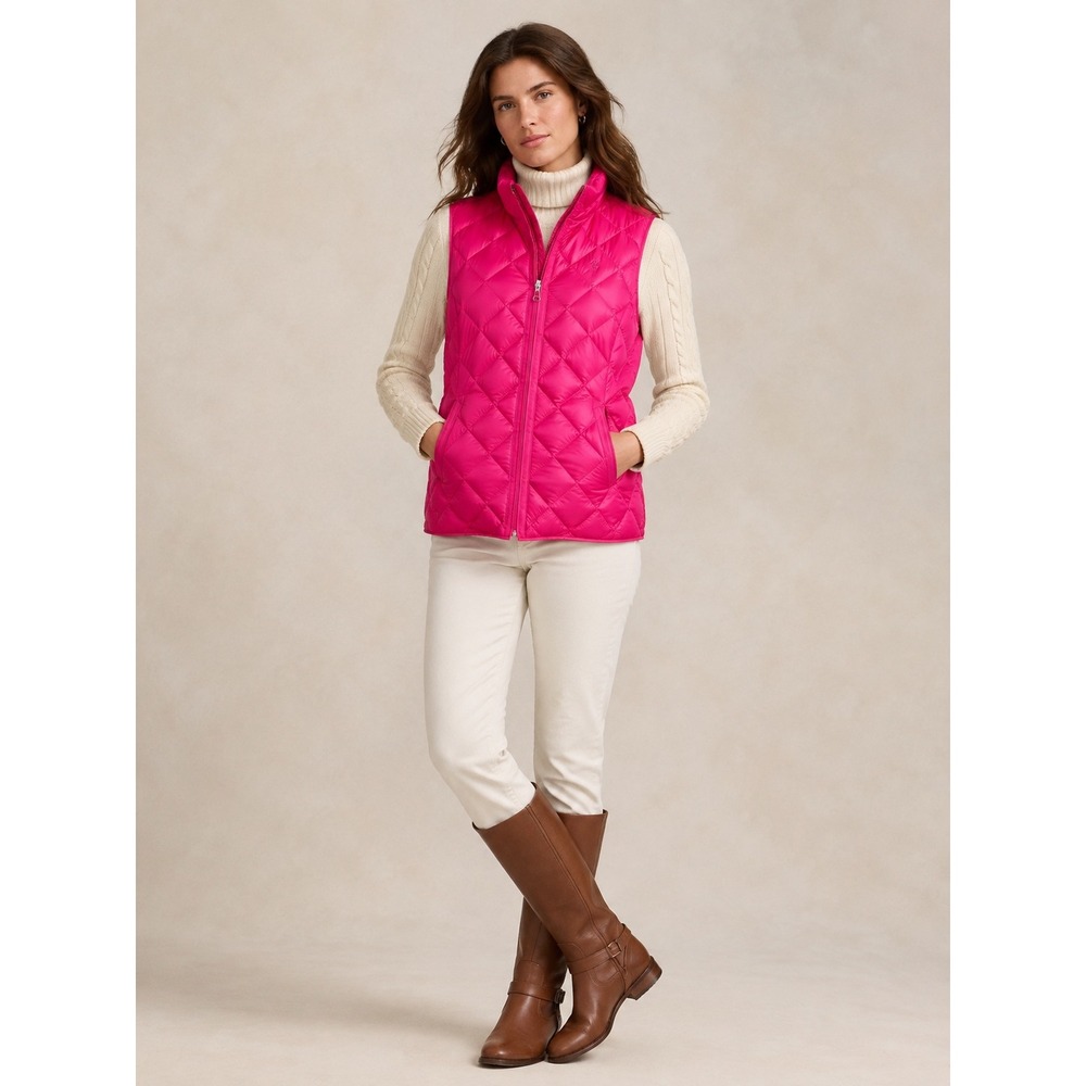 Ralph Lauren Sport Women Quilted Puffer Vest M Pink Down Filled Equestrian Chic